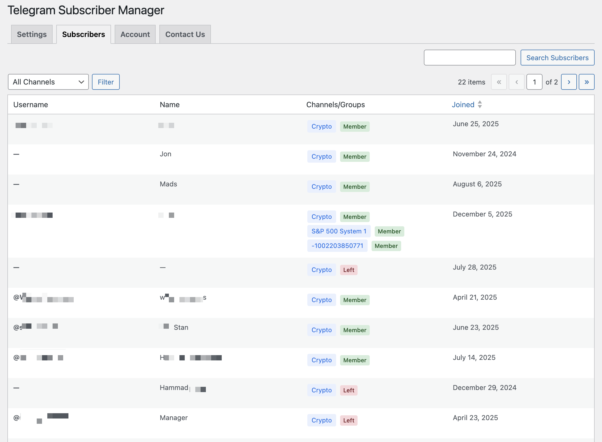 Subscriber management table showing Telegram subscribers with channel memberships and status badges